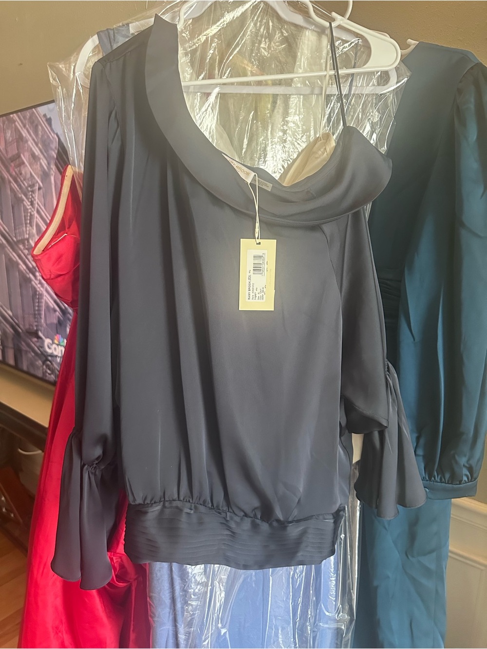 Ramy Brook Navy Satin One-Shoulder Blouse
